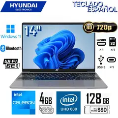 HYUNDAI - Laptop Intel Celeron - N4020 14.1 128GB SSD 4GB W11 Home Teclado Español HT14CCIC46SG