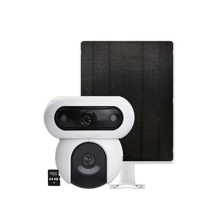 Cámara HB90 Dual Kit 4MP + 4MP 2lentes Audio 2 vías Batería Panel 64GB