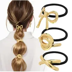 MORITA BAG STORE - 3 PIEZAS DE LIGAS DE CABELLO DORADAS DE METAS CON DISEÑO