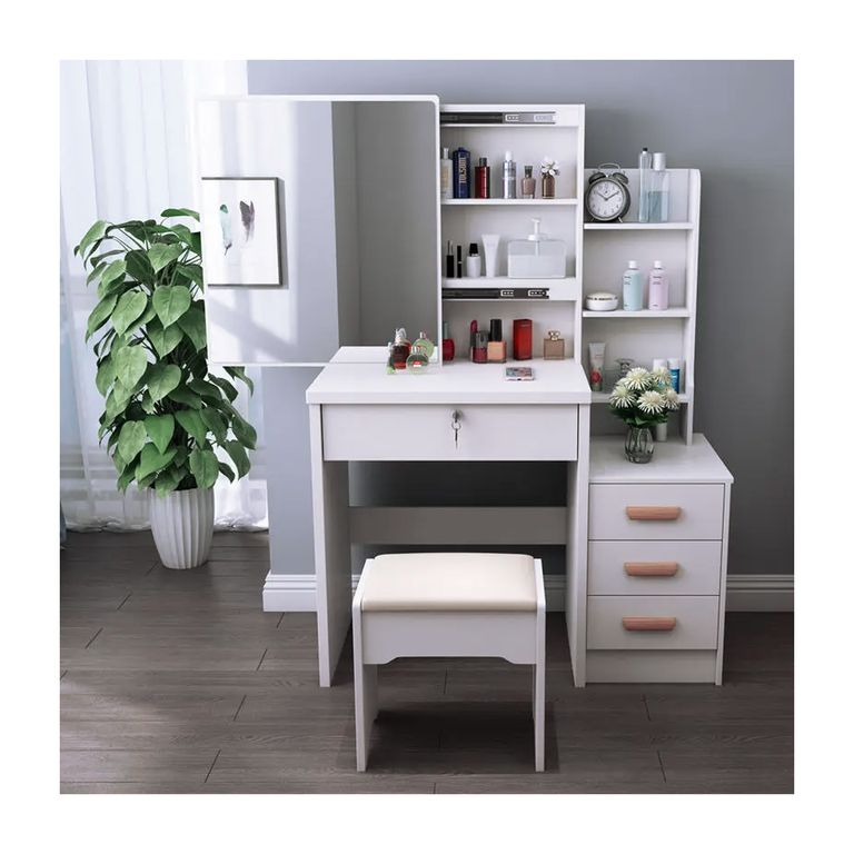 Tocador de Maquillaje Con Espejo Con Taburete Para Dormitorio Blanco