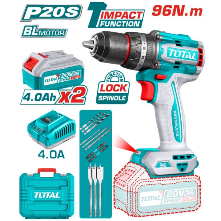 TALADRO PERCUTOR LI-ION 20V 96NM 13MM 2×40AH BRUSHLESS - TIDLI20968