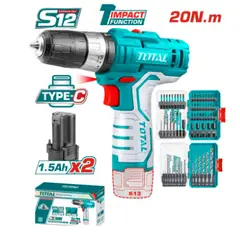 TOTAL TOOLS - COMBO TALADRO TIPO C 20NM 2X15AH + SET BROCAS INDUSTRIAL