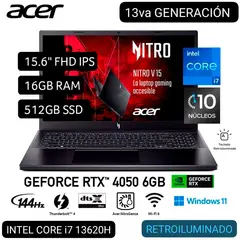 ACER - LAPTOP GAMER NITRO V15 ANV15-51-711U i7 13° GEN. 15.6 FHD IPS 144Hz 16GB 512GB RTX4050 6GB W11