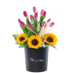 ROSATEL - Sombrerera Negra Grande con 12 Tulipanes y Girasoles