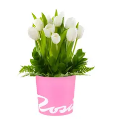 ROSATEL - Sombrerera Rosada Mediana con 10 Tulipanes y Follajes