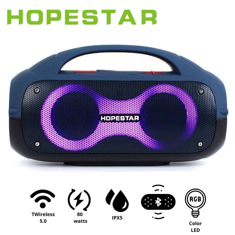 Parlante Portátil Hopestar A50 Azul protección IPX5 80W LED RAINBOW