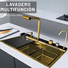 FRATELLI - LAVADERO MULTIFUNCIONAL CON 5 FUNCIONES DE ACERO INOX CON MEZCLADORA DORADO MDV-7545G