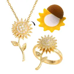 GENERICO - Set Collar Anillo Estuche Girasol Giratorio Regalo Flor Amarilla Joya