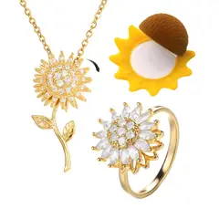 GENERICO - Set Collar Anillo Estuche Girasol Joya Giratoria Regalo Flor Amarilla