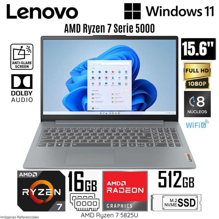 Laptop Ideapad Slim 3 AMD Ryzen 7 5825U 16GB RAM 512GB SSD 15.6" FHD - 82XM00S6LM