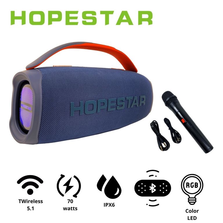 Parlante portátil Hopestar HO A40 Azul 70W protección IPX6 LED RAINBOW