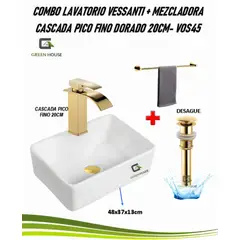 GREEN HOUSE - COMBO LAVATORIO VESSANTI + MEZCLADORA PICO FINO DORADO 20CM- VOS45
