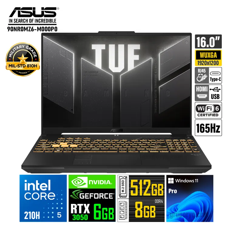 Laptop TUF GAMING F16 FX607VJ-RL016 I5-210H RAM 8GB SSD 512GB 16" WUXGA RTX 3050 6GB