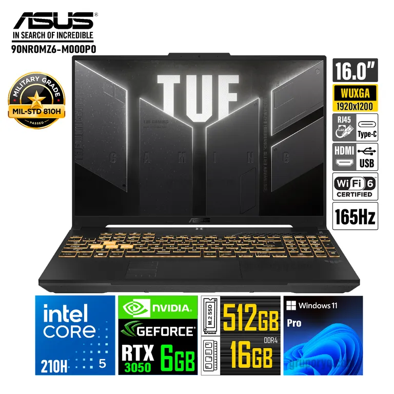 Laptop TUF GAMING F16 FX607VJ-RL016 I5-210H RAM 16GB SSD 512GB 16" WUXGA RTX 3050 6GB