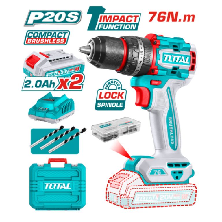 TALADRO PERCUTOR COMPACTO LI-ION 20V 76NM 13MM 2X20AH - TIDLI20768