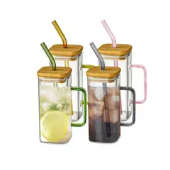 GENERICO - Set x 4 Vasos vidrio Cuadrado con Asa y Sorbete de Colores