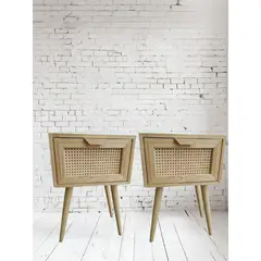 GENERICO - Combo 2 Mesas auxiliar de Madera y Rattan Aroa DECOBAN HOGAR
