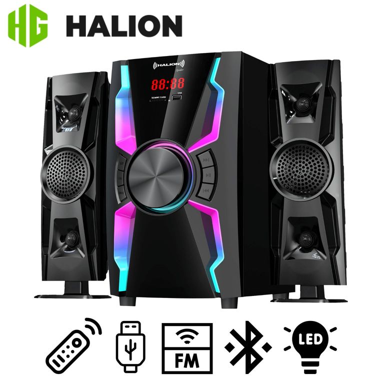 Parlante HA-F55 Spider 2.1 Subwoofer 6,5″ Luz LED USB SD BT FM