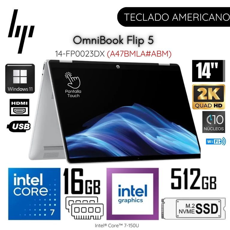 Laptop OmniBook 5 Flip 14-FP0023DX Intel Core 7 150U 16GB RAM 512GB SSD 14" 2K Touch - Silver