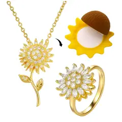GENERICO - Collar con Dije de Girasol y Anillo Ajustable Mujer