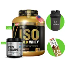 LEVEL PRO - ISO GOLD WHEY 3KG CHOCOLATE LP + CREATINA 250 GR UN + Regalos