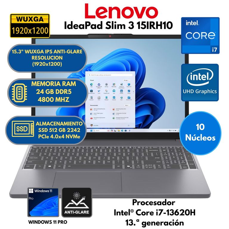 Laptop Intel Core i7(IdeaPad Slim 3 15IRH10)RAM 24 GB SSD 512 GB 15.3" WUXGA Windows 11