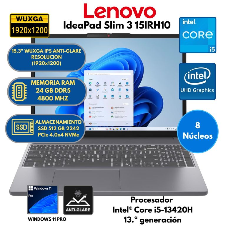 Laptop Intel Core i5 (IdeaPad Slim 3 15IRH10) RAM 24 GB SSD 512 GB 15.3" WUXGA Windows 11 PRO