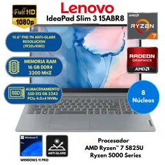 LENOVO - Laptop IdeaPad Slim 3 15ABR8 AMD Ryzen™ 7 -RAM 16 GB SSD 512 GB 15.6" FHD Windows 11 PRO