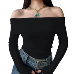 GENERICO - Polo Mujer Rumbera Manga Larga Rib Grueso New 710-16 Color Negro