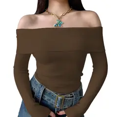 GENERICO - Polo Mujer Rumbera Manga Larga Rib Grueso New 710-16 Color Marron