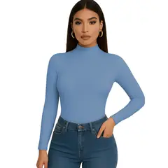 GENERICO - Polo Mujer Cafarena Manga Larga Rib Grueso Tic-13 Color Celeste