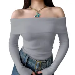 GENERICO - Polo Mujer Rumbera Manga Larga Rib Grueso New 710-16 Color Gris