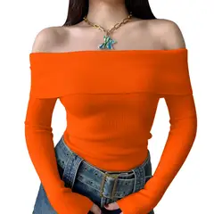 GENERICO - Polo Mujer Rumbera Manga Larga Rib Grueso New 710-16 Color Naranja