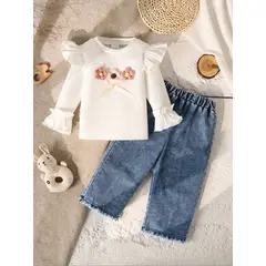 GENERICO - Blusa manga larga de flores y pantalón para bebés y niñas