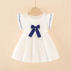 GENERICO - Vestido de Niña Blanco con Lazo Azul y Mangas de Volantes