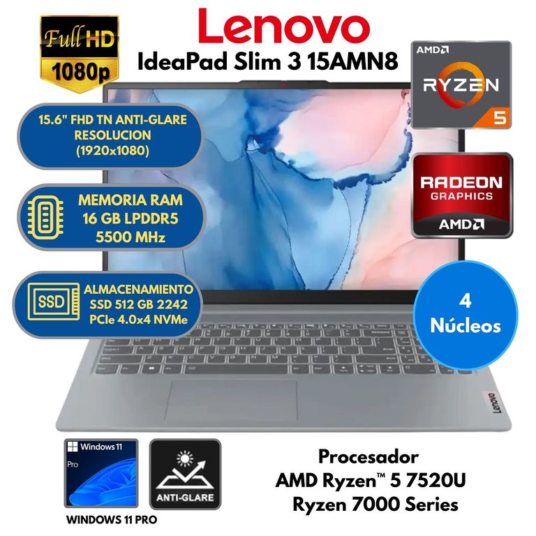 Laptop AMD Ryzen 5 (IdeaPad Slim 3 15AMN8) RAM 16 GB SSD 512 GB 15.6" FHD Windows 11 PRO