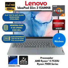 LENOVO - Laptop AMD Ryzen 5 (IdeaPad Slim 3 15AMN8) RAM 8 GB SSD 512 GB 15.6" FHD Windows 11 PRO