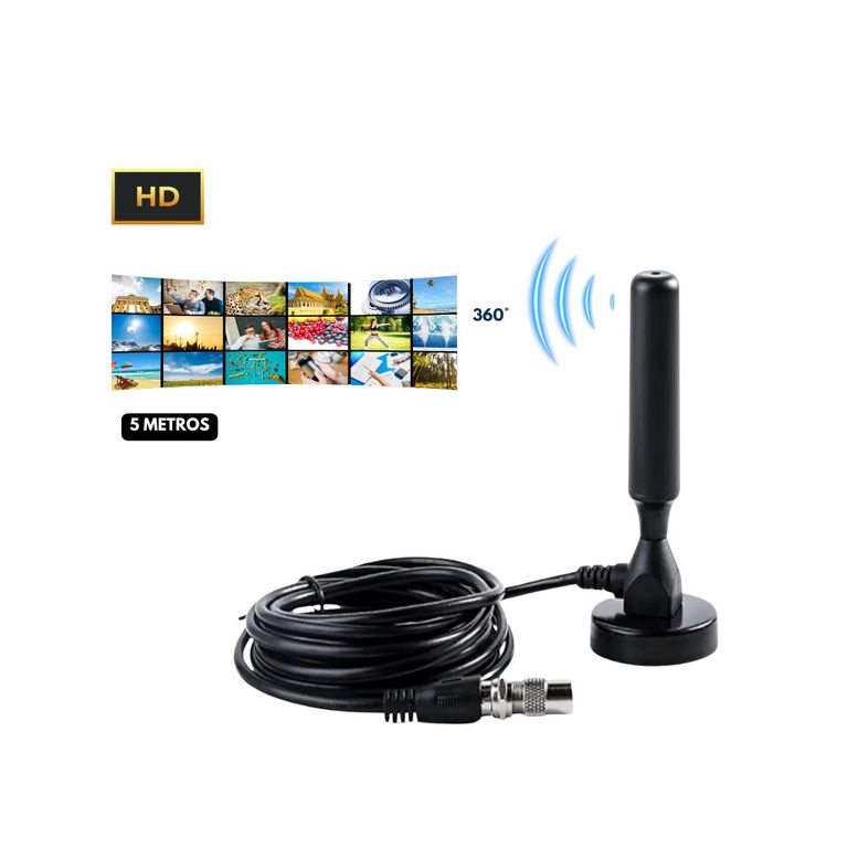 Antena de TV Digital HD 360° Base Magnética 5 Metros