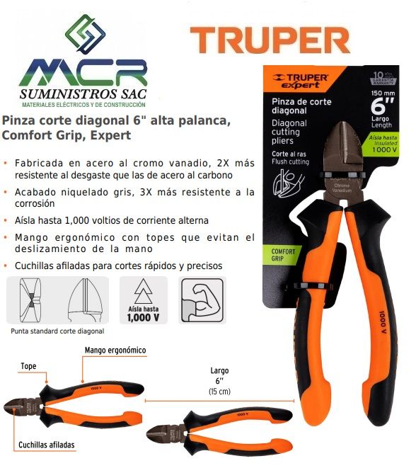 ALICATE AISLADO 1000V CORTE DIAGONAL 6” 15cm