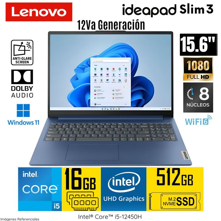LAPTOP IDEAPAD SLIM 3 15IAH8 INTEL CORE I5 12°Gen 16GB RAM 512GB SSD 15.6" FHD Wind 83ER001DLM