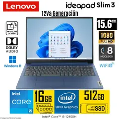 LENOVO - LAPTOP IDEAPAD SLIM 3 15IAH8 INTEL CORE I5 12°Gen 16GB RAM 512GB SSD 15.6" FHD Wind 83ER001DLM