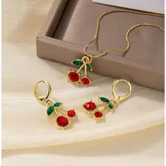 GENERICO - Set Colgante Collar y Aretes de Cerezas Rojas Exclusivo y Fina
