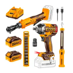 INGCO TOOLS - KIT LLAVE DE IMPACTO +LLAVE RATCHET+SET DADOS DE IMPACTO+LINTERNA INGCO