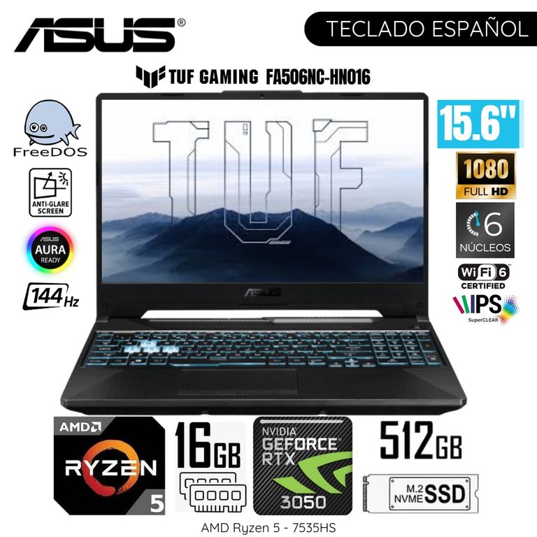 Laptop TUF A15 FA506NC-HN016 AMD Ryzen 5-7535HS 16GB RAM 512GB SSD RTX 3050 15.6" FHD Free Dos