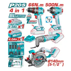 TOTAL TOOLS - Combo 20v Taladro + Llave Impacto + Multi H + Sierra y Baterias Total