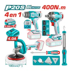 TOTAL TOOLS - Combo Llave Impacto + Pistola de Calor + Pulidora 20v + Linterna