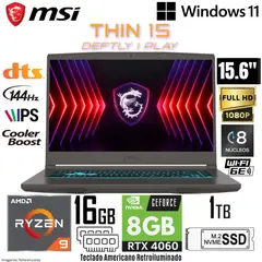 MSI - Laptop THIN A15 AI B8VF AMD Ryzen 9 8945HS 16GB RAM 1TB SSD RTX 4060-8GB 15.6" FHD 144HZ