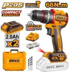INGCO TOOLS - Taladro Percutor INGCO 20V Brushless 66Nm P20S Kit 2 Baterías