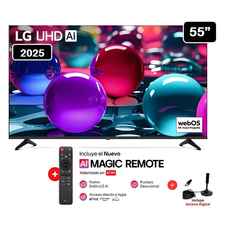 Televisor 55 Pulg Ultra HD 4K AI ThinQ 55UA7300 Modelo 2025 +Control Magic + Antena Digital