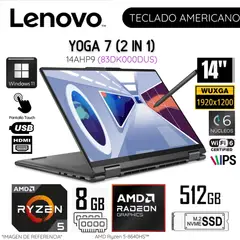 LENOVO - Laptop 14HP9 Yoga 7 (2en1) AMD Ryzen5 - 8640HS 8GB RAM 512GB SSD 14" Pulg. WUXGA - 83DK000DUS